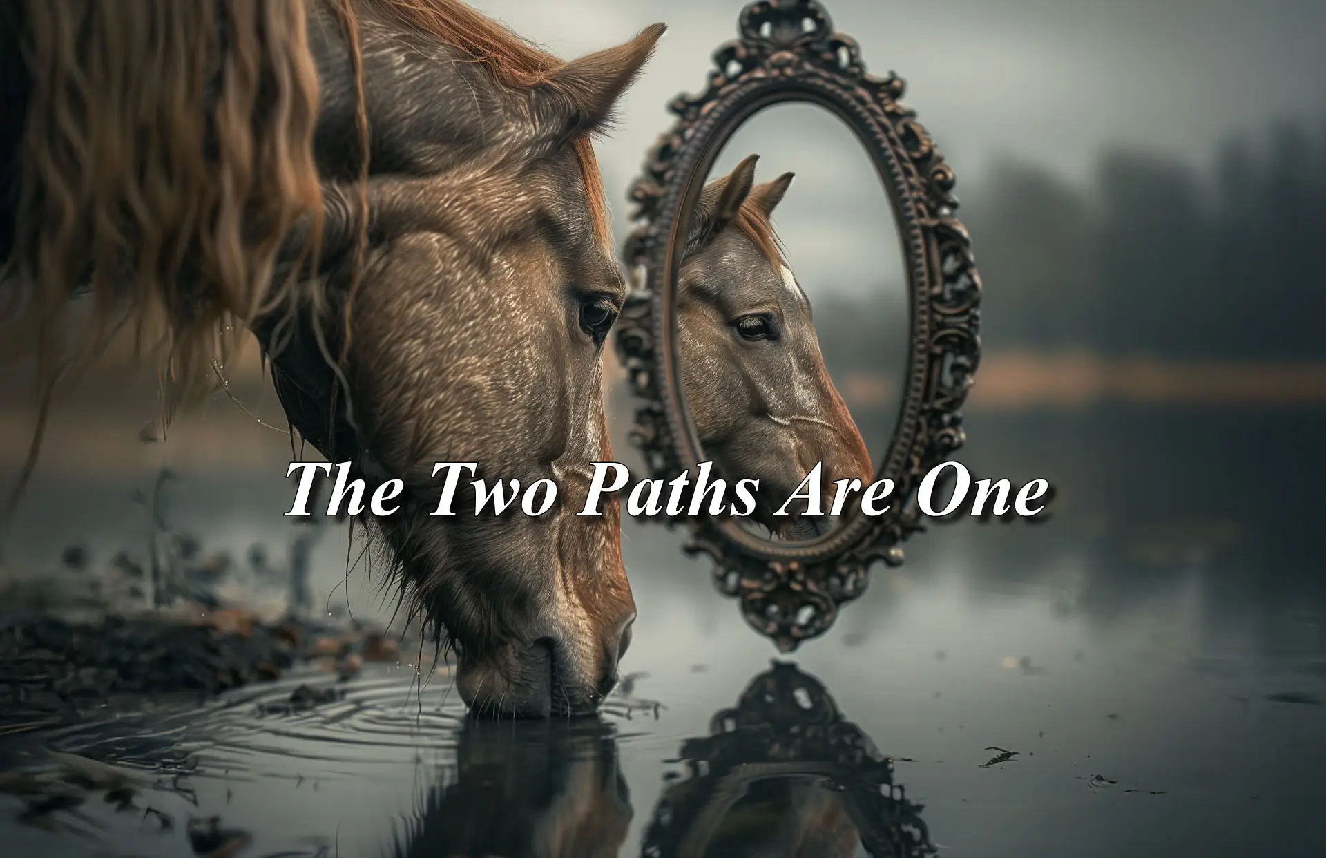 A horse looking at itself in a mirror while standing in water